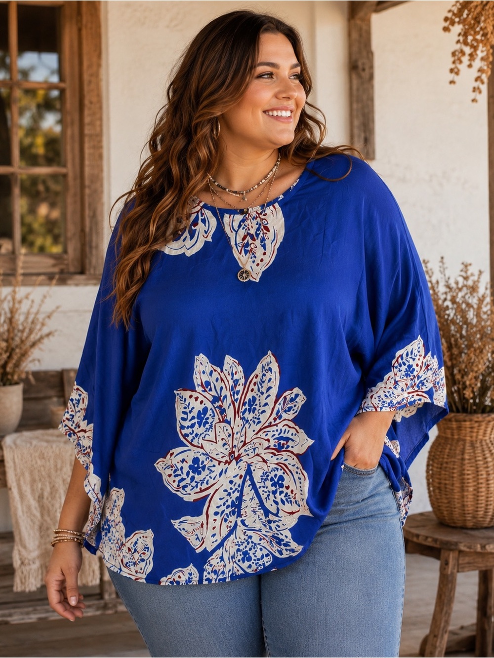 Curvy Royal Blue Floral Pullover Blouse